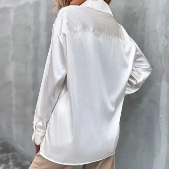 Black Classic button up Satin Boyfriend Work Top Minimalist - Picture 12 of 16